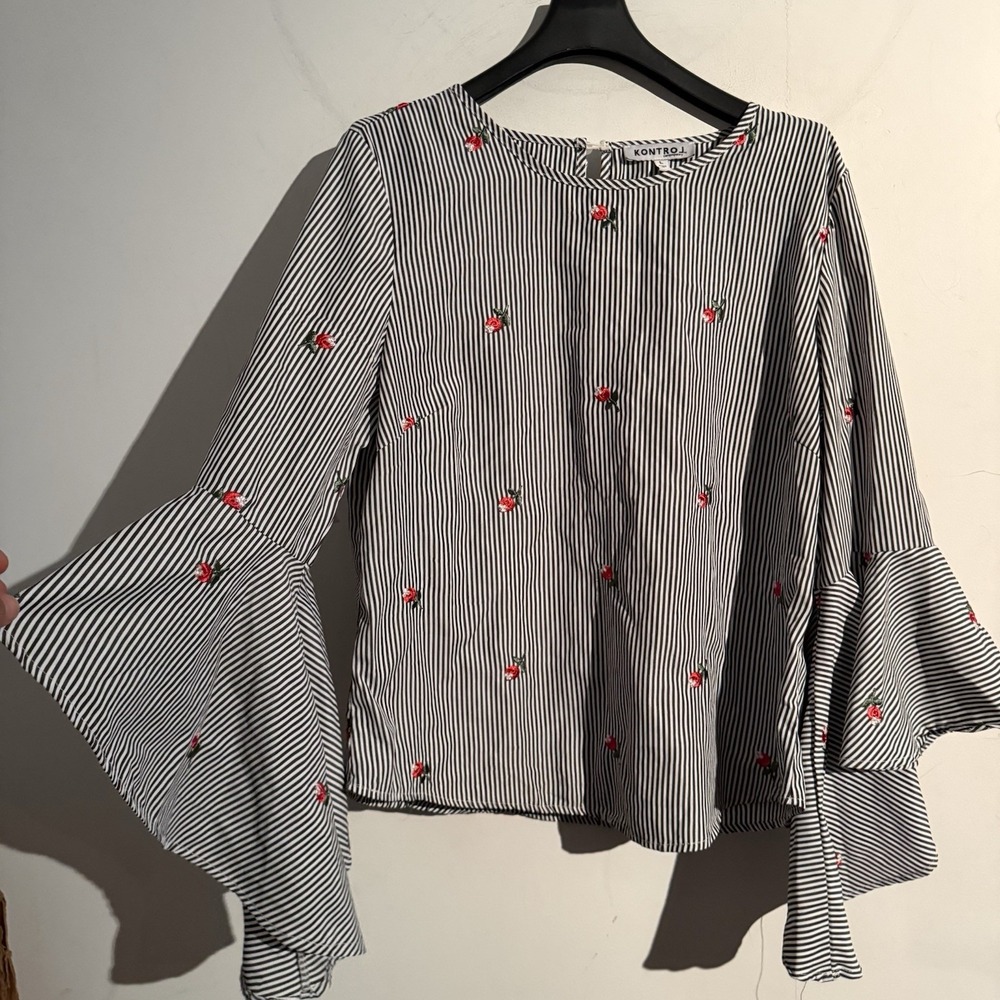 Kontrol Contemporary Top Womens Large Striped Bellsleeve Floral Embroidered Boho